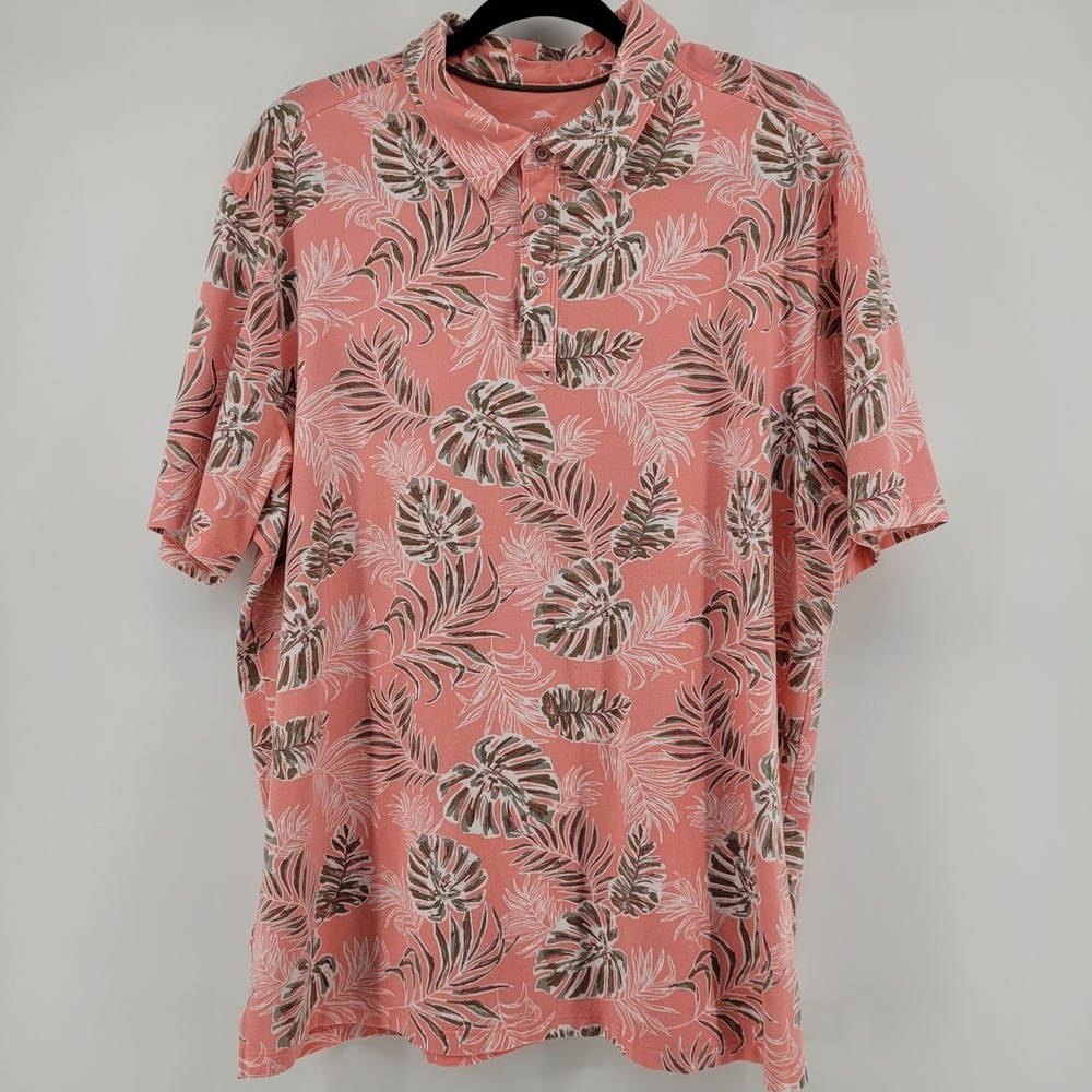 Tommy Bahama Mens XL Coral Pink Tropical Monstera Leaf Beach Cotton Polo Shirt - Picture 2 of 11